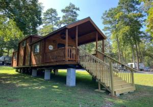 a tree house with a staircase in the grass at Serene 1BR Cabin near NC Z00 with Loft & Waterview in Asheboro