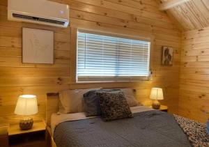 ein Schlafzimmer mit einem Bett mit zwei Lampen und einem Fenster in der Unterkunft Serene 1BR Cabin near NC Z00 with Loft & Waterview in Asheboro