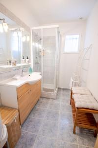 uma casa de banho com um lavatório e um chuveiro em Le Sapin Parasol - Maison pour 7 pers. em Lussault-sur-Loire