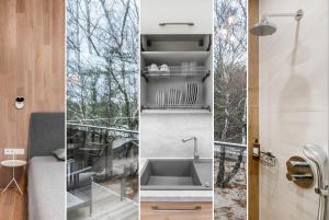 Zwei Bilder eines Badezimmers mit Waschbecken und Dusche in der Unterkunft Aura Nida in Neringa