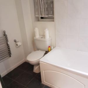 a white bathroom with a toilet and a sink at Kazo in Purfleet