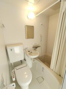 a white bathroom with a toilet and a sink at FLYCAT INN 伊勢 in Ise