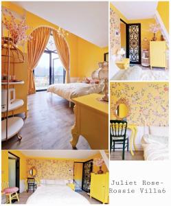 a collage of pictures of a bedroom with yellow walls at Larita Đồi Cỏ Mơ in Hòa Bình