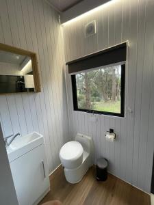 a small bathroom with a toilet and a window at Longmore Estate in Daylesford
