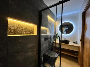 un bagno con doccia, lavandino e specchio di Apartmány Jabloneček a Jablonec nad Jizerou