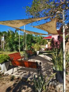 einer Gruppe von Bänken unter einem Bräunungsschirm in der Unterkunft AMAZEN Lodge and Resort in Busuanga