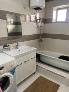 ein Badezimmer mit einem Waschbecken und einer Waschmaschine in der Unterkunft Monchok Guest House in Naryn