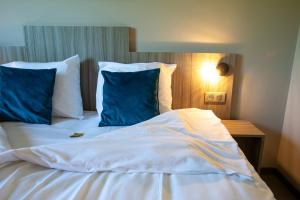 a large white bed with blue pillows in a room at Hotel Ecluse 34 in Steinbourg