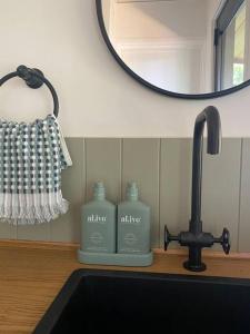 dos botellas de jabón sentadas en un mostrador junto a un fregadero en The Zen Den, en Walpole