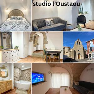 un collage de photos d'une chambre avec une église dans l'établissement Studio 40m2 au cœur du village, à Cornillon-Confoux
