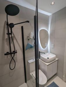 a bathroom with a shower with a toilet and a mirror at Modern & Cosy 1 Bed Maisonette - Close to Salina Bay in St. Paul's Bay