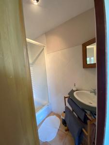 a bathroom with a sink and a mirror at La Clef du Four in Plesder