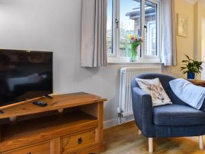 a living room with a blue chair and a television at Willow Wood Cottage 