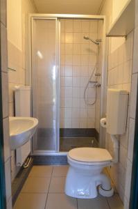 Un baño con inodoro, ducha y lavabo. en Burhave Gästehaus 6, en Butjadingen