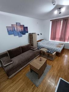 uma sala de estar com um sofá e uma cama em Wolf Apartments SPA with GARAGE em Kopaonik