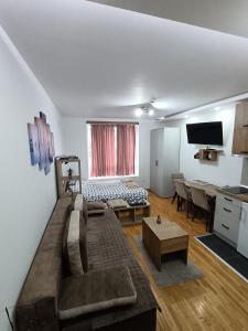 uma sala de estar com um sofá e uma mesa em Wolf Apartments SPA with GARAGE em Kopaonik