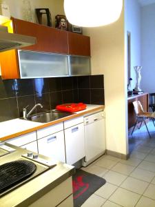 una cocina con fregadero y encimera en Duplex 120m2 Central Comédie Corum Climatisation Parking, en Montpellier