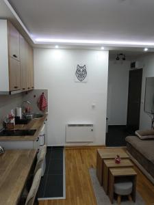 uma cozinha e sala de estar com um sofá e uma mesa em Wolf Apartments SPA with GARAGE em Kopaonik