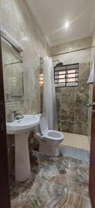 ein Bad mit einem WC, einem Waschbecken und einer Dusche in der Unterkunft Résidence Axel in Pointe-Noire