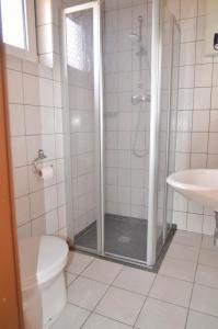 a bathroom with a shower and a toilet and a sink at Burhave Gästehaus 8 in Butjadingen