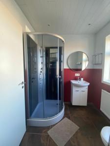 a bathroom with a glass shower and a sink at Skalarimi - Country House in Selfoss