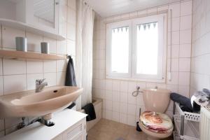 bagno con lavandino, servizi igienici e finestra di Ferienwohnungen KATI a Scheidegg