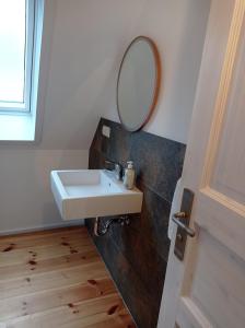 a bathroom with a sink and a mirror on the wall at Drei-Seiten-Hof Étable mit Schwimmteich und Klimanlage in Fuchshain