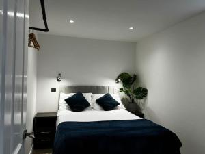 una camera da letto con un letto con lenzuola blu e una pianta di Prospect View Unit A a Portstewart