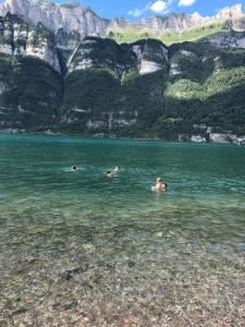 drie mensen zwemmen in een meer met bergen op de achtergrond bij Resort Walensee 45 in Unterterzen