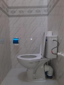 a white toilet in a bathroom with marble walls at Écologie oasis tafilalt CHEZ L' HABITANT in Er Rachidia