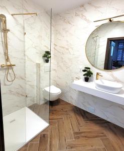 a bathroom with a shower and a sink and a mirror at APARTAMENT JARACZA 28/11 in Słupsk