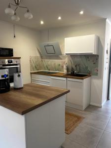 a kitchen with white cabinets and a counter top at Apartment am Deister in Barsinghausen