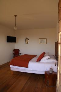 a bedroom with a large bed with a red blanket at Casa Santa Lucia in Bocognano