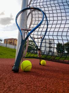 a tennis racket and two tennis balls on a court at Przystań - Aktywna strona Iłży in Iłża