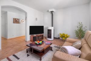 a living room with a couch and a tv at Villa Le Saphir - Piscine chauffée et 3 chambres in Le Thoronet