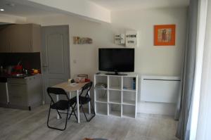 阿克斯萊泰爾姆的住宿－Studio La LAUZE，客厅配有小桌子和电视