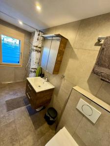 La salle de bains est pourvue d'un lavabo, de toilettes et d'une fenêtre. dans l'établissement Ferienwohnung Brunni-Lodge direkt am Grossen Mythen, à Alpthal