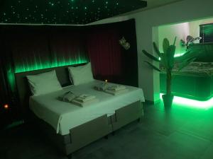 a bedroom with a bed with a green lighting at Bubbles and More in Begijnendijk
