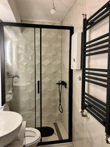 a bathroom with a shower with a toilet and a sink at Apartman Lili Centar in Ohrid +18 photos
