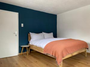 een slaapkamer met een bed met een blauwe muur bij First Mountain - Wenns in Wenns
