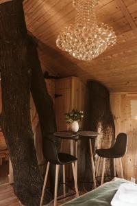 a room with two tables and two chairs and a chandelier at Skansen Bicz Resort in Stare Miasto