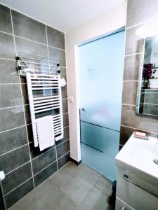 uma casa de banho com um lavatório e um espelho em Studio coin nuit, Entre plage et centre em Marselha