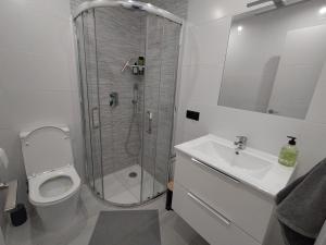 een badkamer met een douche, een toilet en een wastafel bij Casita Leo in Teulada +3 foto's