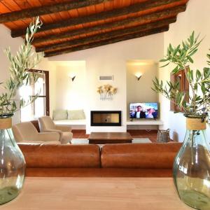 a living room with a couch and a tv at Turismo Rural Pedremoura in Vila Ruiva