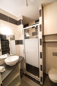 La salle de bains est pourvue d'un lavabo et d'une douche. dans l'établissement L'Ourson Randonneur - Station de ski à 600m, à La Bresse