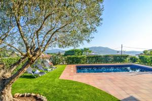 een zwembad in een tuin met stoelen en een boom bij Villa Bouvardia in Lloret de Mar