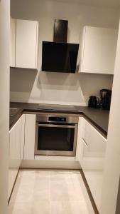 a kitchen with white cabinets and a microwave at Small apartment near the beach in Gornji Karin in Anić