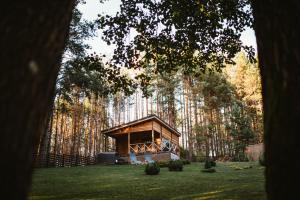 een kleine hut midden in een tuin met bomen bij Miško kraštas in Vileikiai