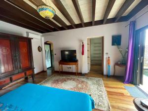 ein Schlafzimmer mit einem blauen Bett und einem TV in der Unterkunft Villa Hermès chambre en suite parentale in Saint-Pierre