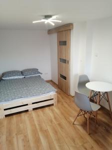 um quarto com uma cama e uma mesa em Pensjonat na Wzgórzu em Solina